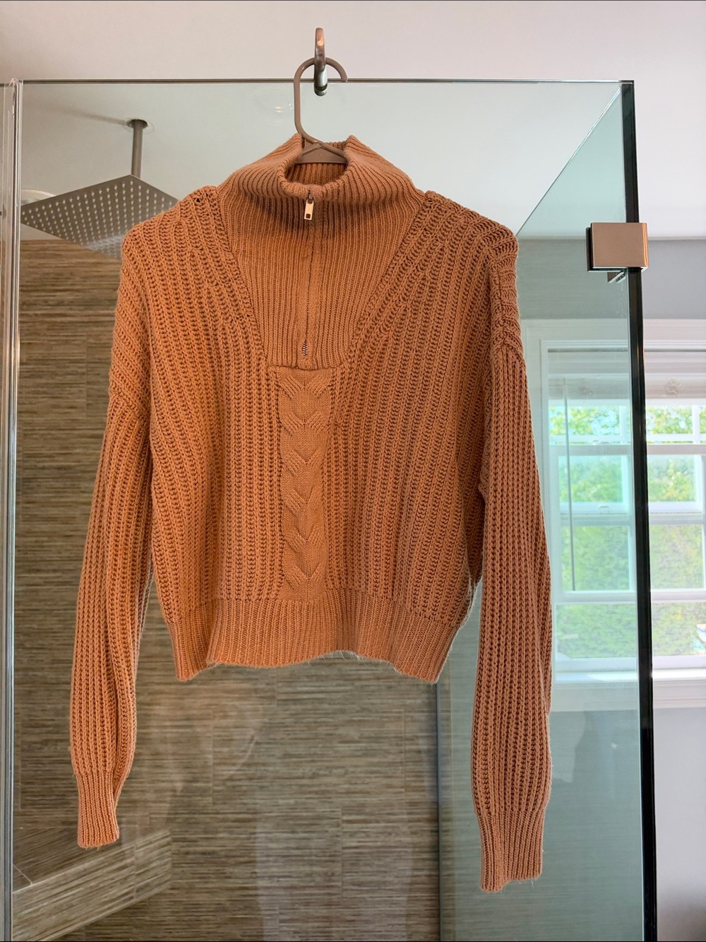 Women’s Zip Mock Neck Cable Knit Sweater - tan